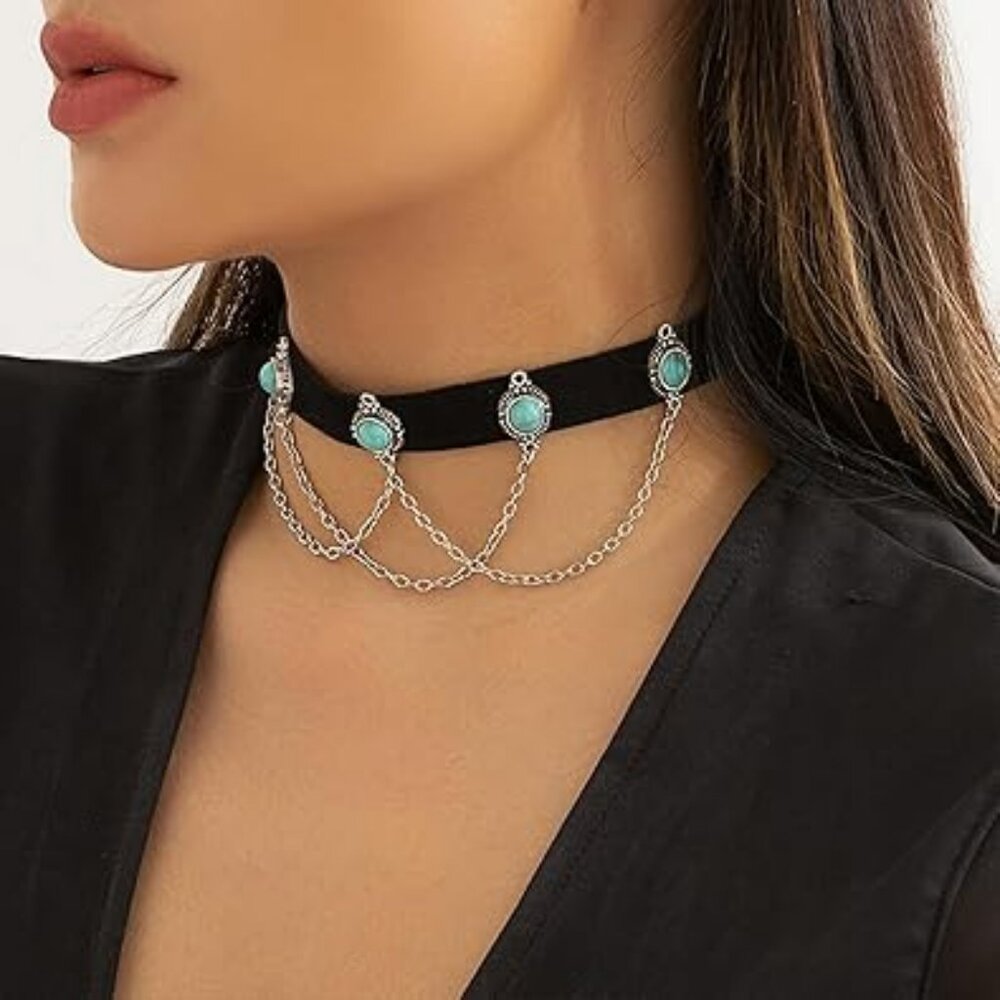 Boho Western Necklace Brown Leather Cowgirl Turquoise Pendant‎ Choker Fashion